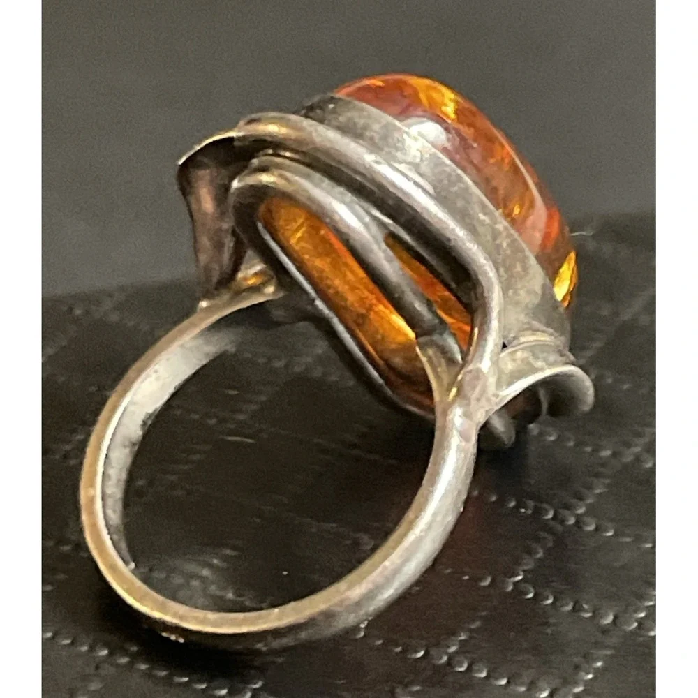 Sterling Silver Amber Ring‎ Statement Chunky 925 Calla Lily Artisan Size 6